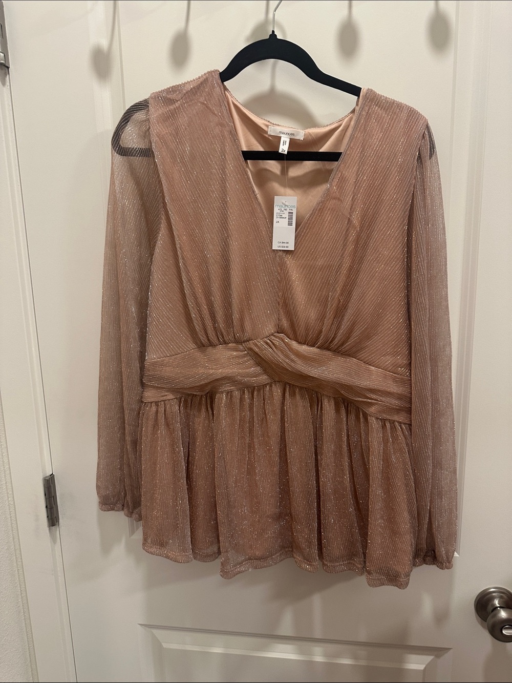 Maurices Sparkle Peplum V-Neck Top - Blush Pink.  Size women’s plus size 2X.